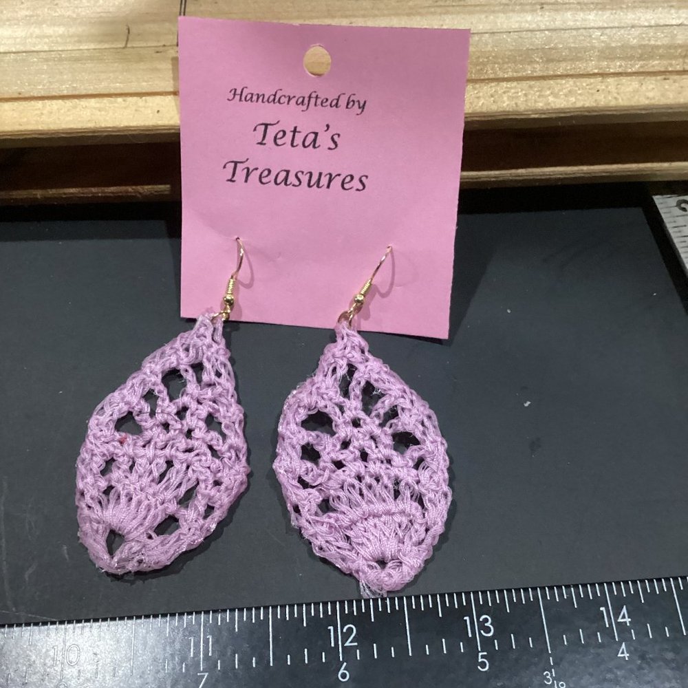 Earrings Pink Leaf Crocheted Crochet Hand Crafted